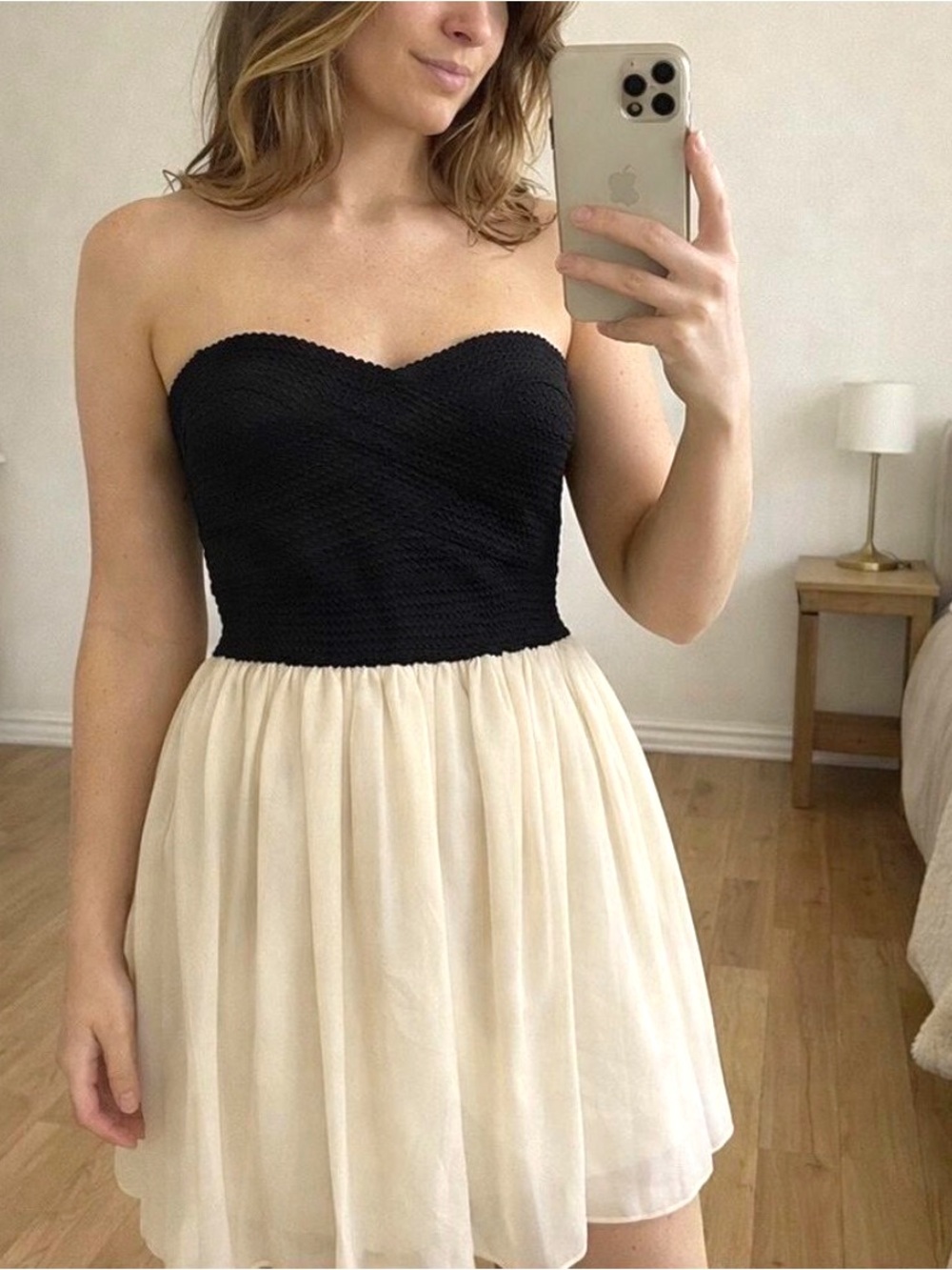 Dainty France strapless mini dress 2 tones cream black chiffon flowy skirt Large